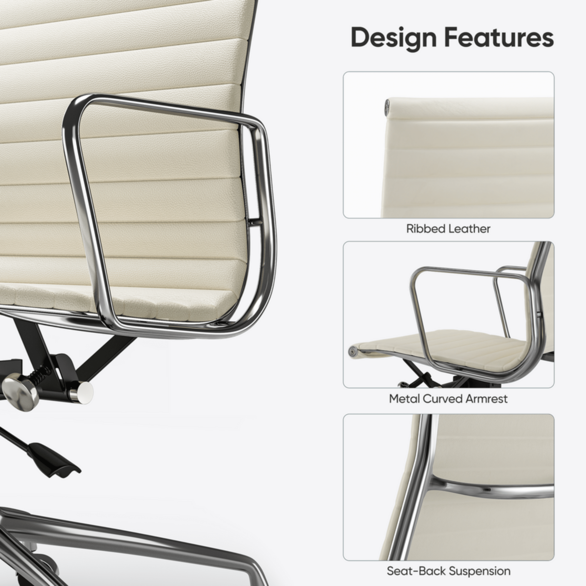 Chair with ribbed leather, metal curved armrest, and seat-back suspension features.