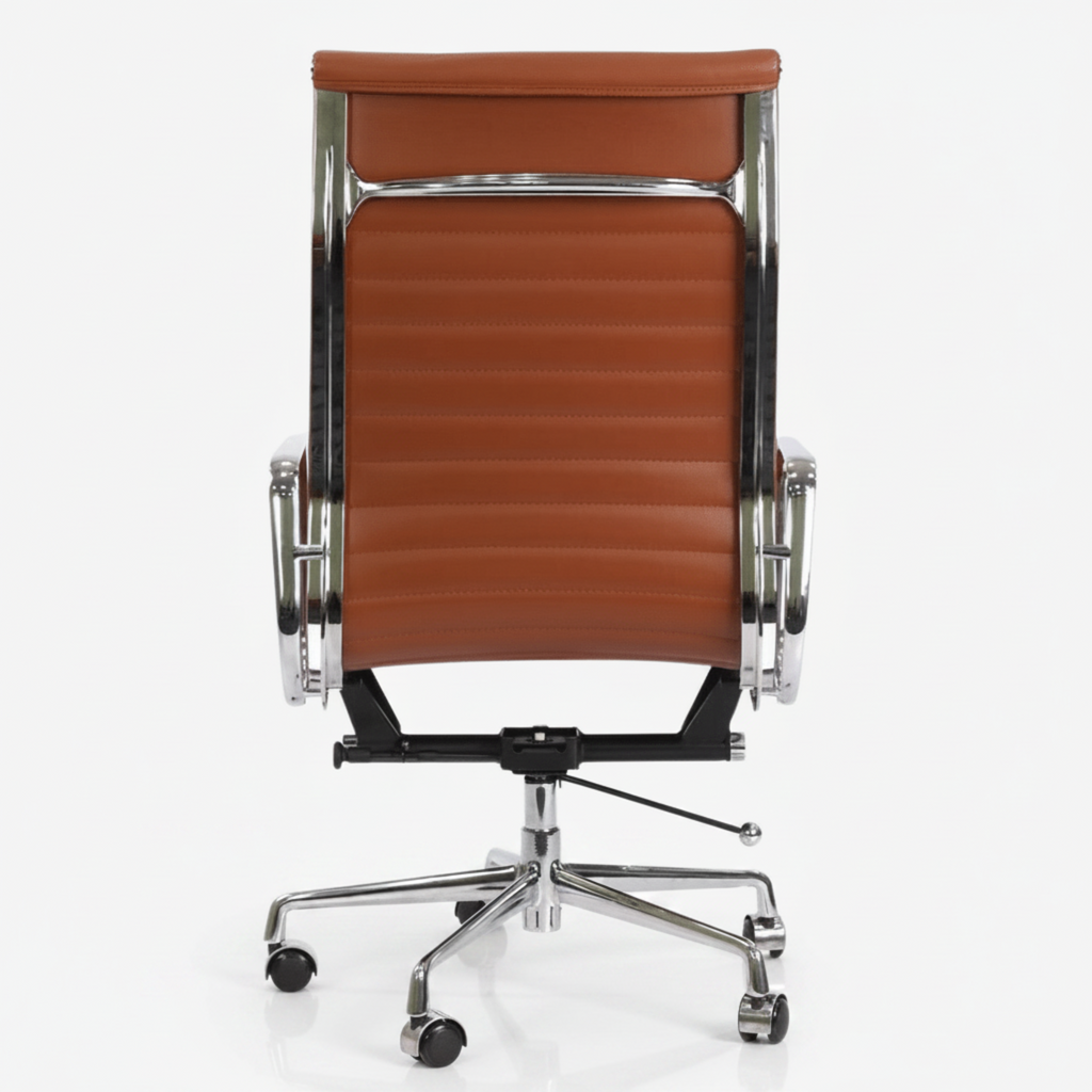 A modern office chair with a brown ribbed leather or faux-leather seat and backrest, supported by a polished chrome metal frame