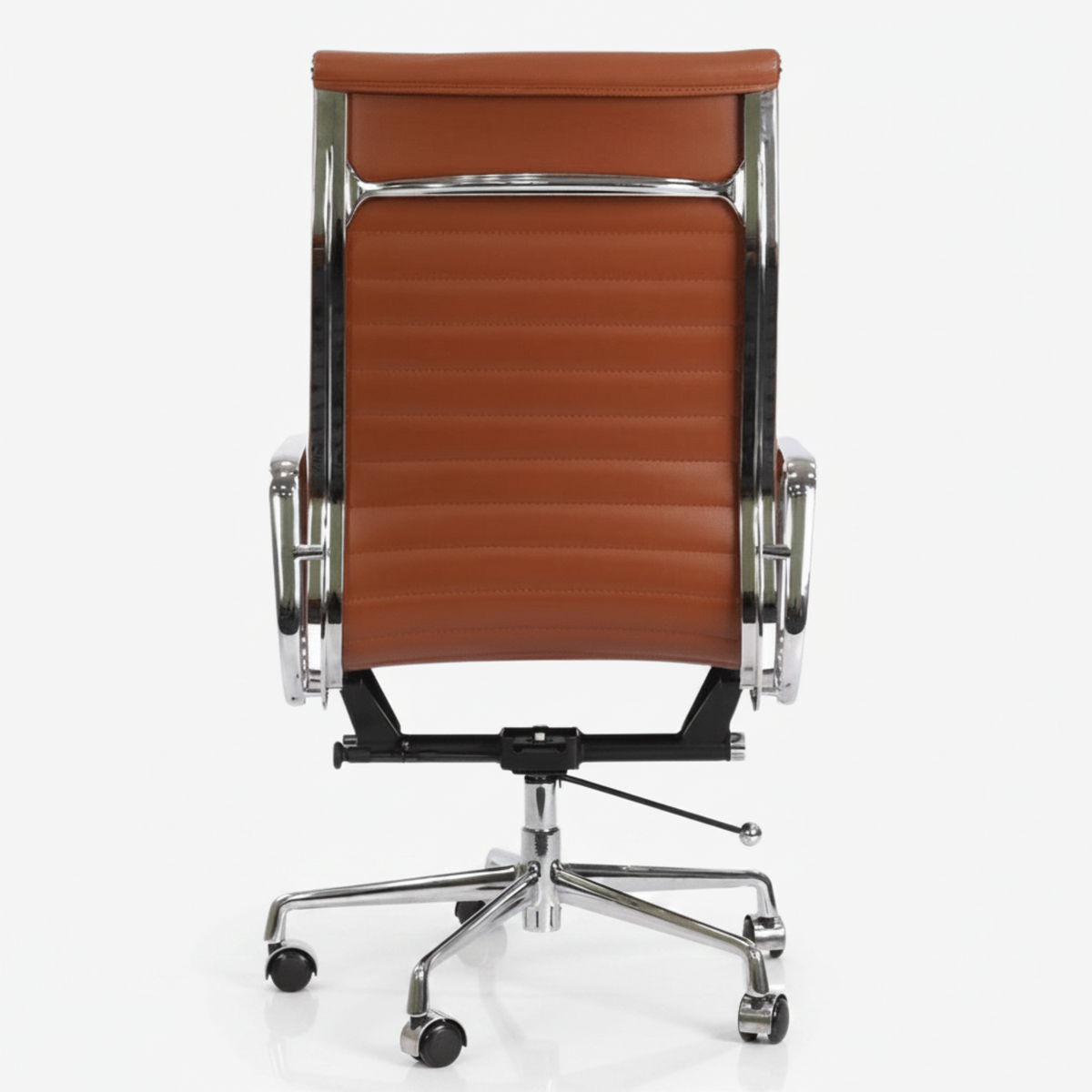 A modern office chair with a brown ribbed leather or faux-leather seat and backrest, supported by a polished chrome metal frame