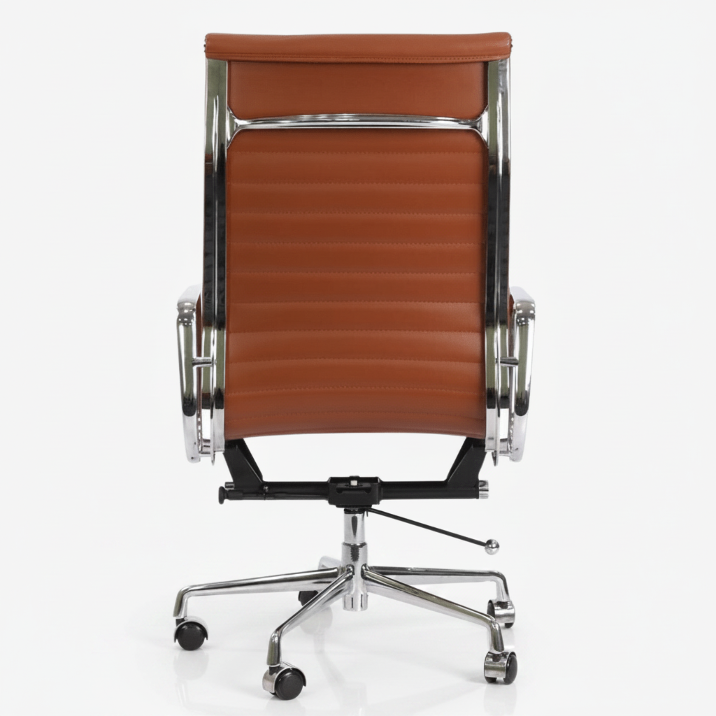 A modern office chair with a brown ribbed leather or faux-leather seat and backrest, supported by a polished chrome metal frame