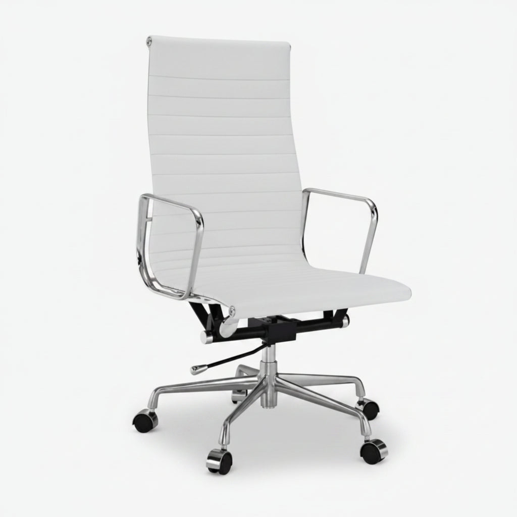 A modern white office chair with a high back, horizontal channel stitching, chrome metal armrests