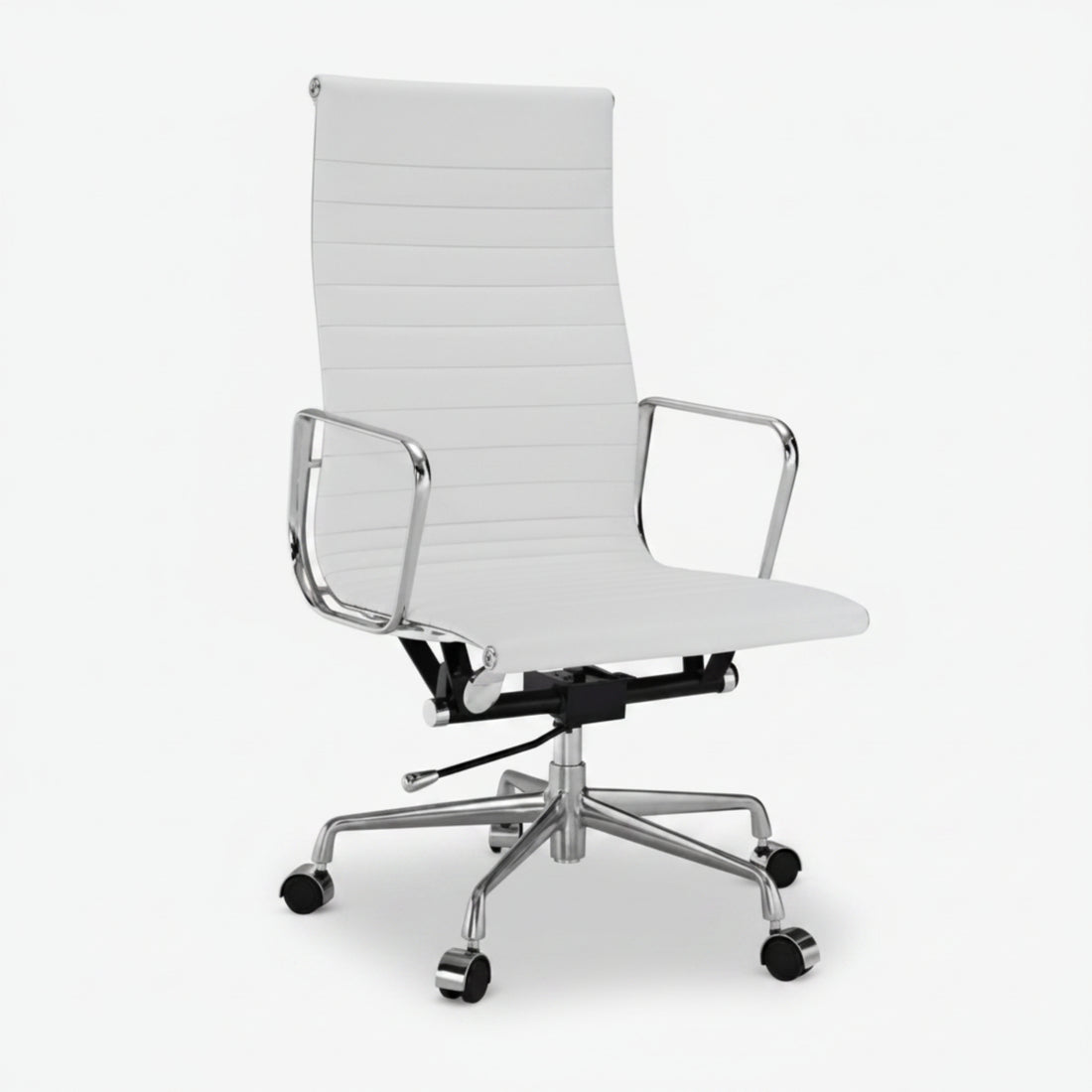 A modern white office chair with a high back, horizontal channel stitching, chrome metal armrests