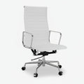 A modern white office chair with a high back, horizontal channel stitching, chrome metal armrests