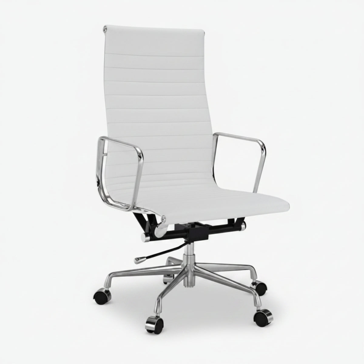 A modern white office chair with a high back, horizontal channel stitching, chrome metal armrests