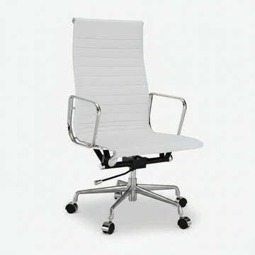 A modern white office chair with a high back, horizontal channel stitching, chrome metal armrests
