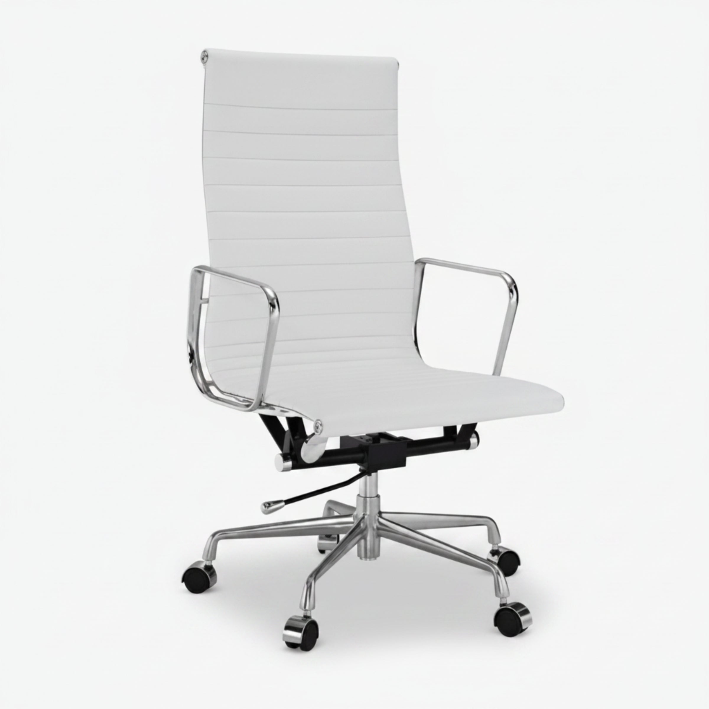 A modern white office chair with a high back, horizontal channel stitching, chrome metal armrests