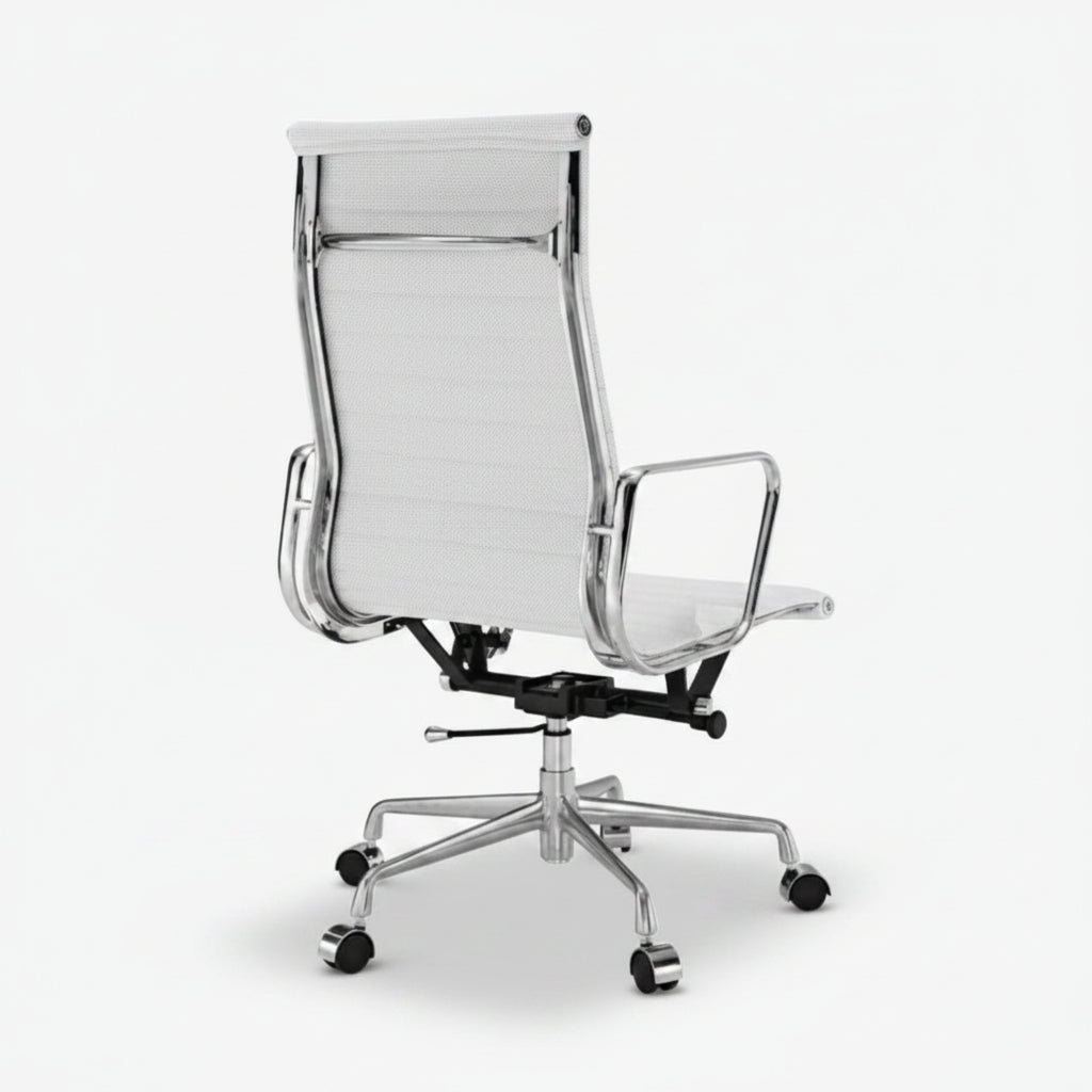 A modern high-back office chair with a white mesh backrest, white padded seat, and polished chrome metal frame