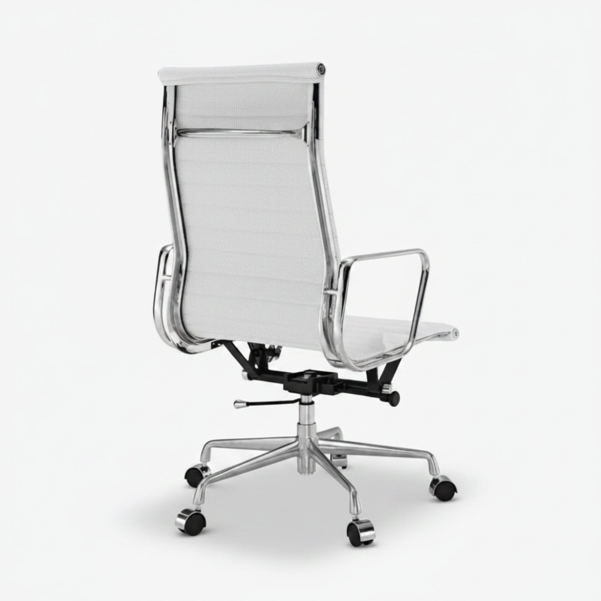 A modern high-back office chair with a white mesh backrest, white padded seat, and polished chrome metal frame