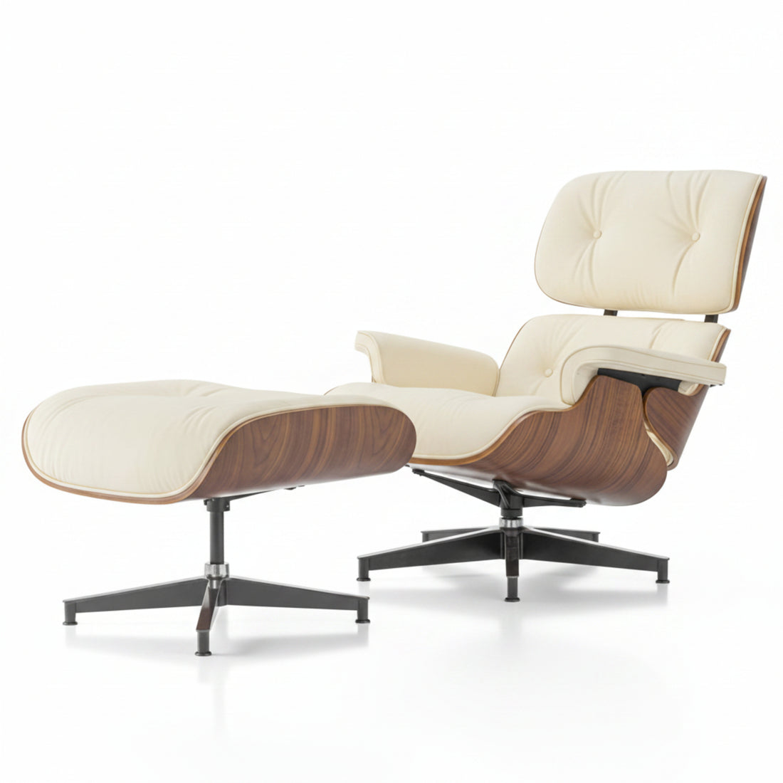 Modern lounge chair and ottoman in a room with large windows and a plant.