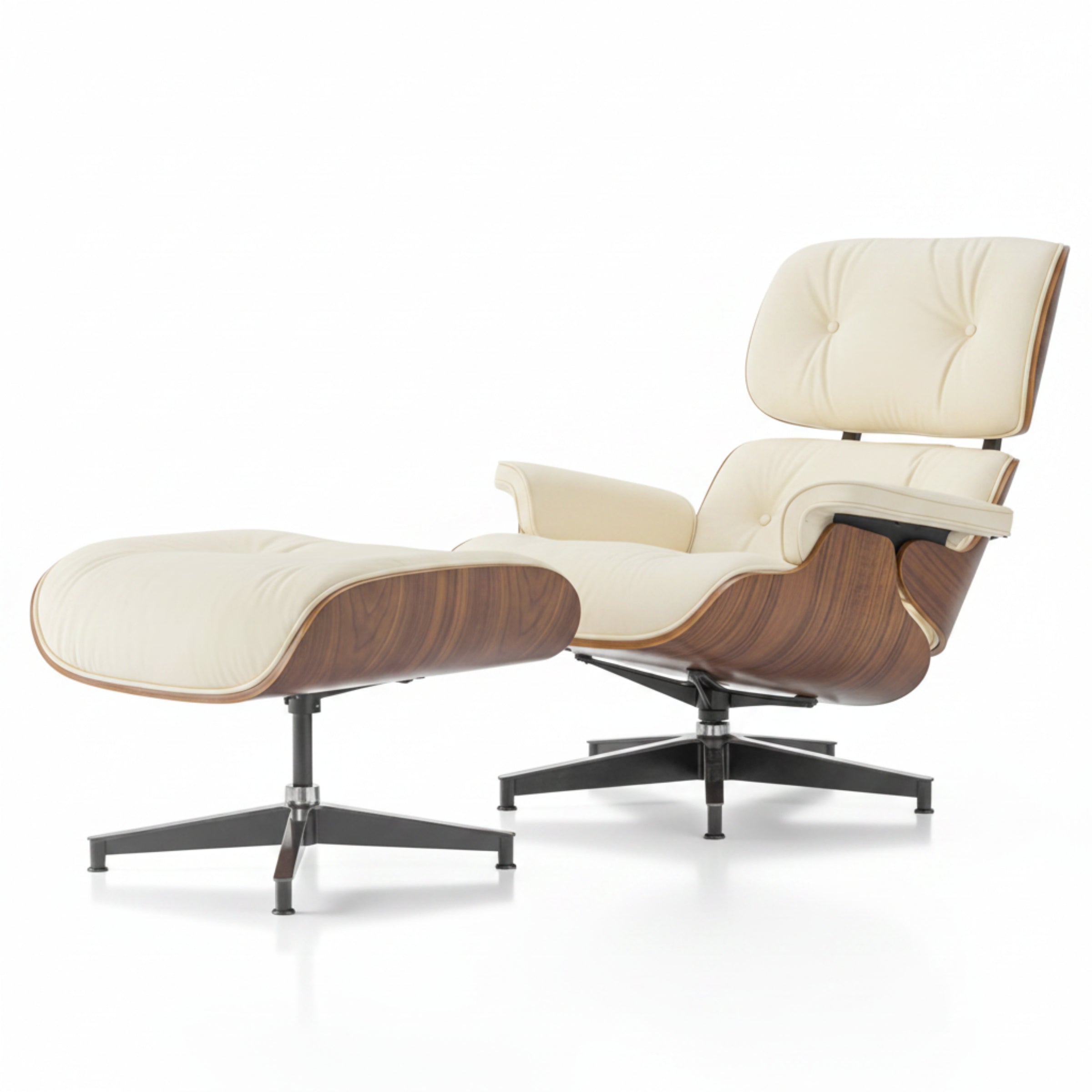 Modern lounge chair and ottoman with cream upholstery and wooden accents on a white background