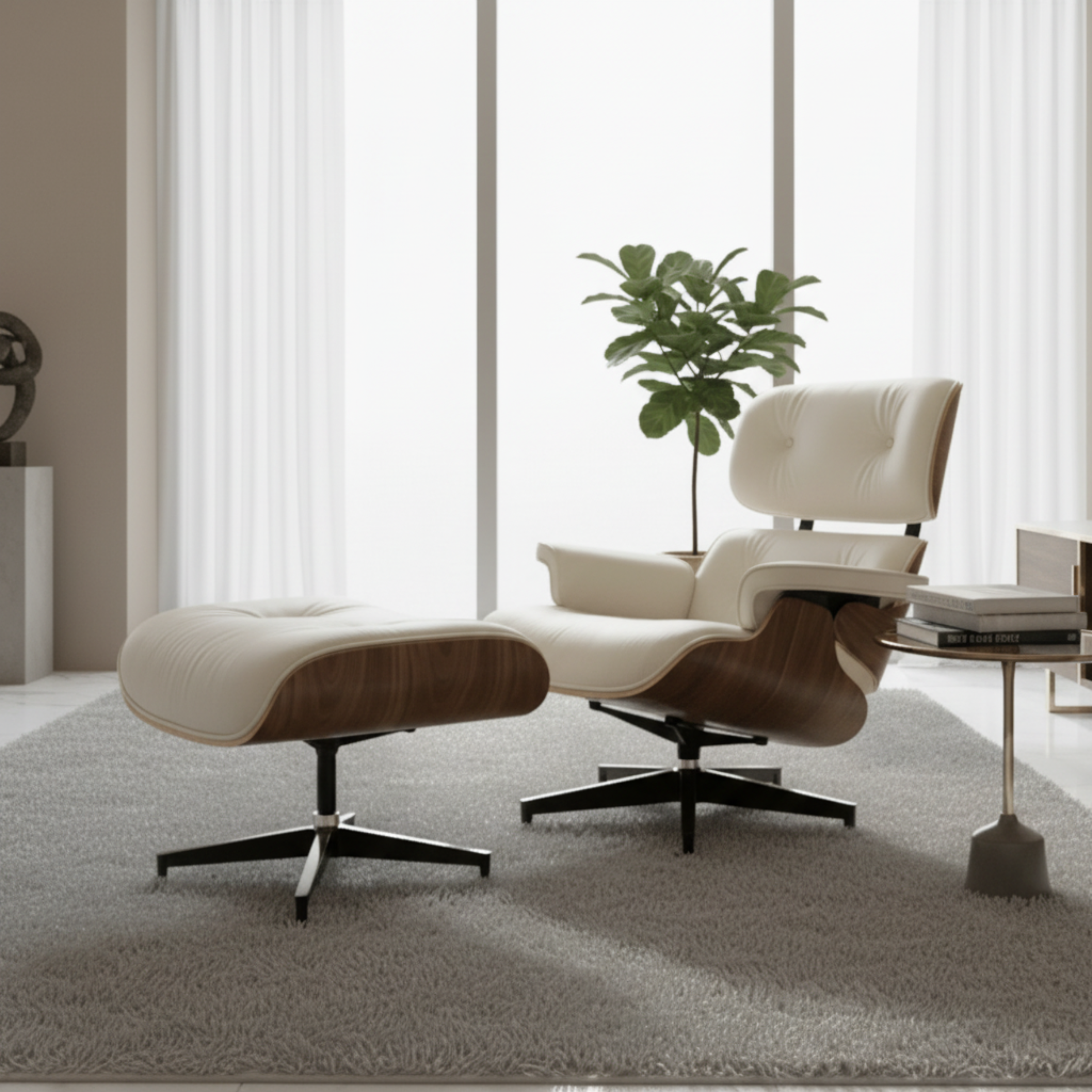 Modern lounge chair and ottoman in a room with large windows and a plant.