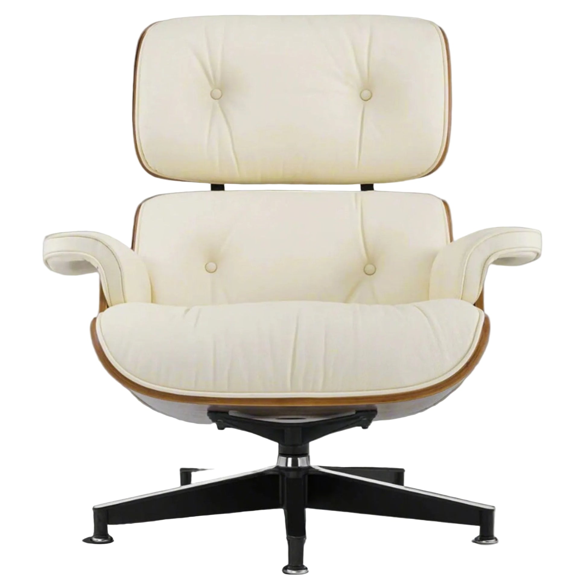 Cream-colored lounge chair with wooden armrests on a white background