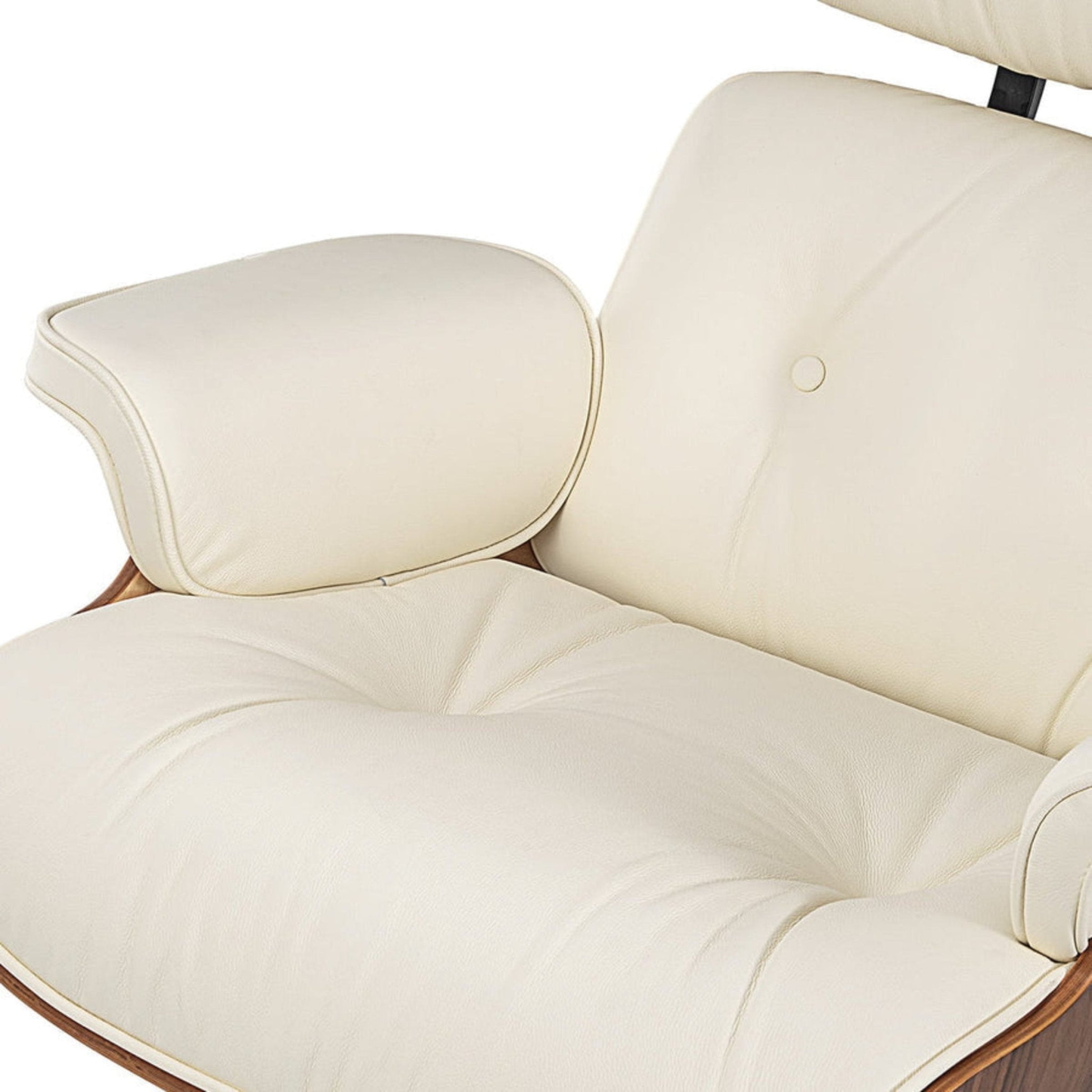 Close-up of a beige armchair with wooden armrests on a white background