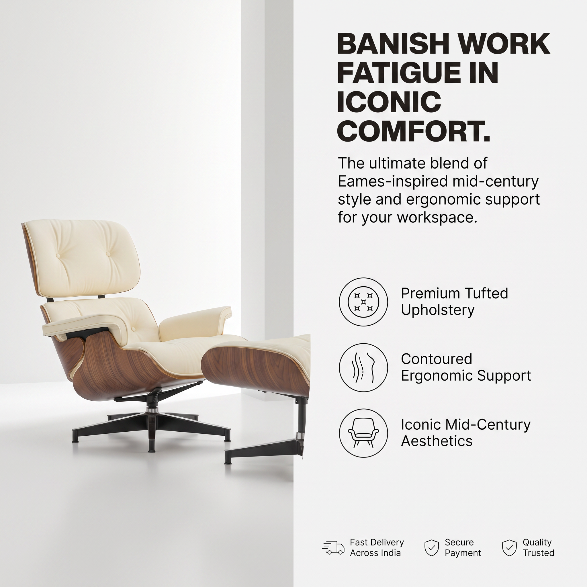 A promotional product graphic for an Eames-inspired lounge chair with ottoman set.