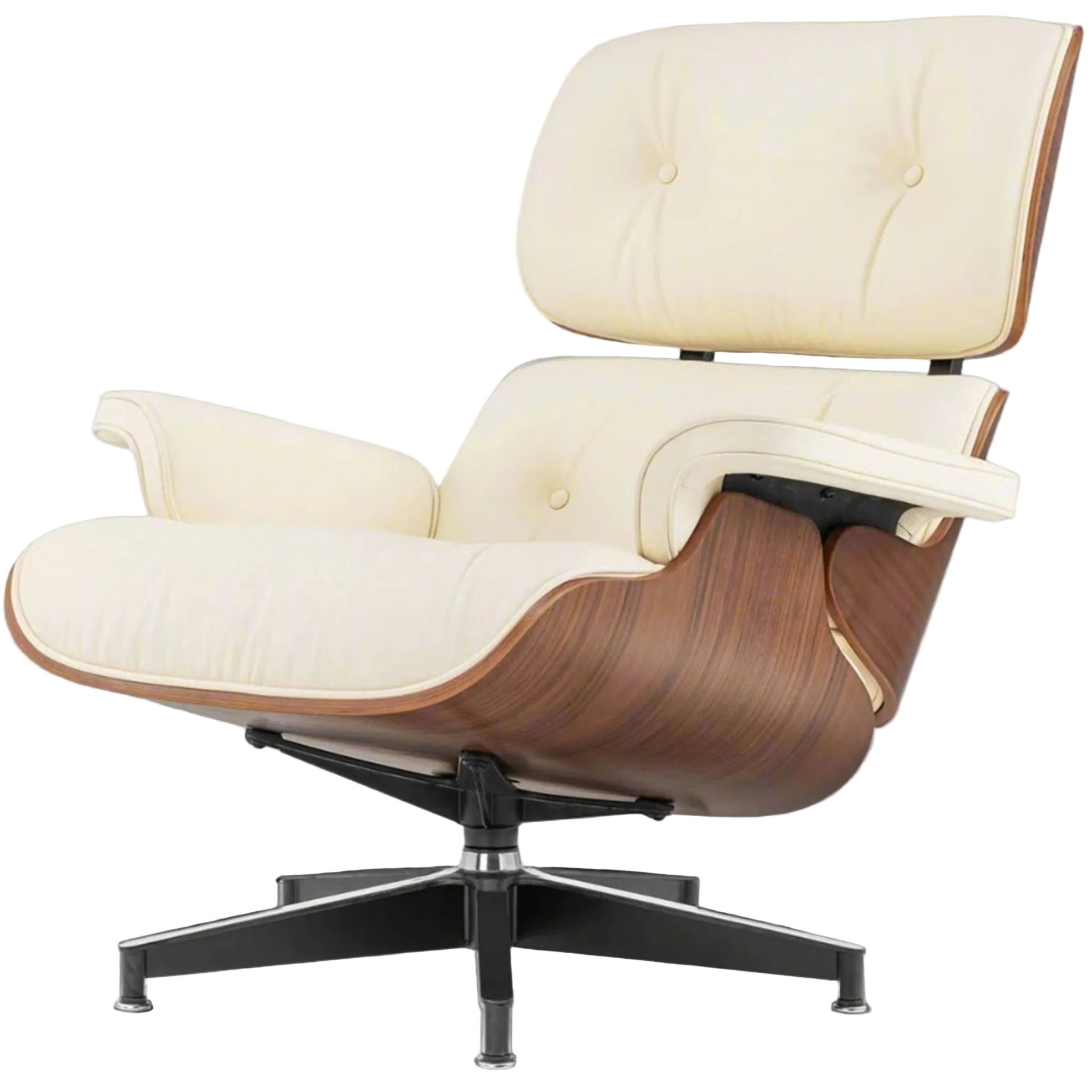 Eames-style lounge chair with cream upholstery and wooden armrests on a white background