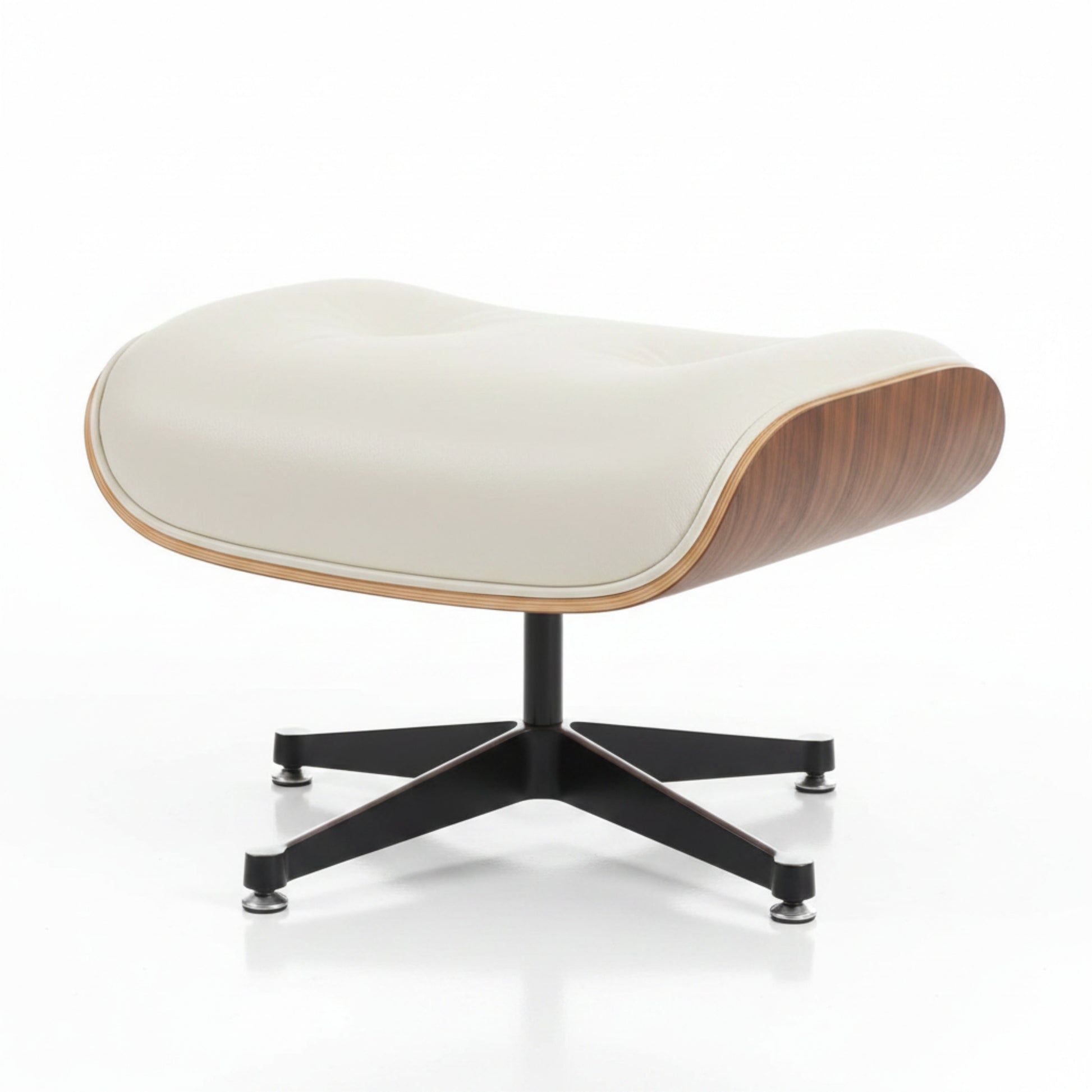 Modern ottoman with white cushion and wooden edges on a white background