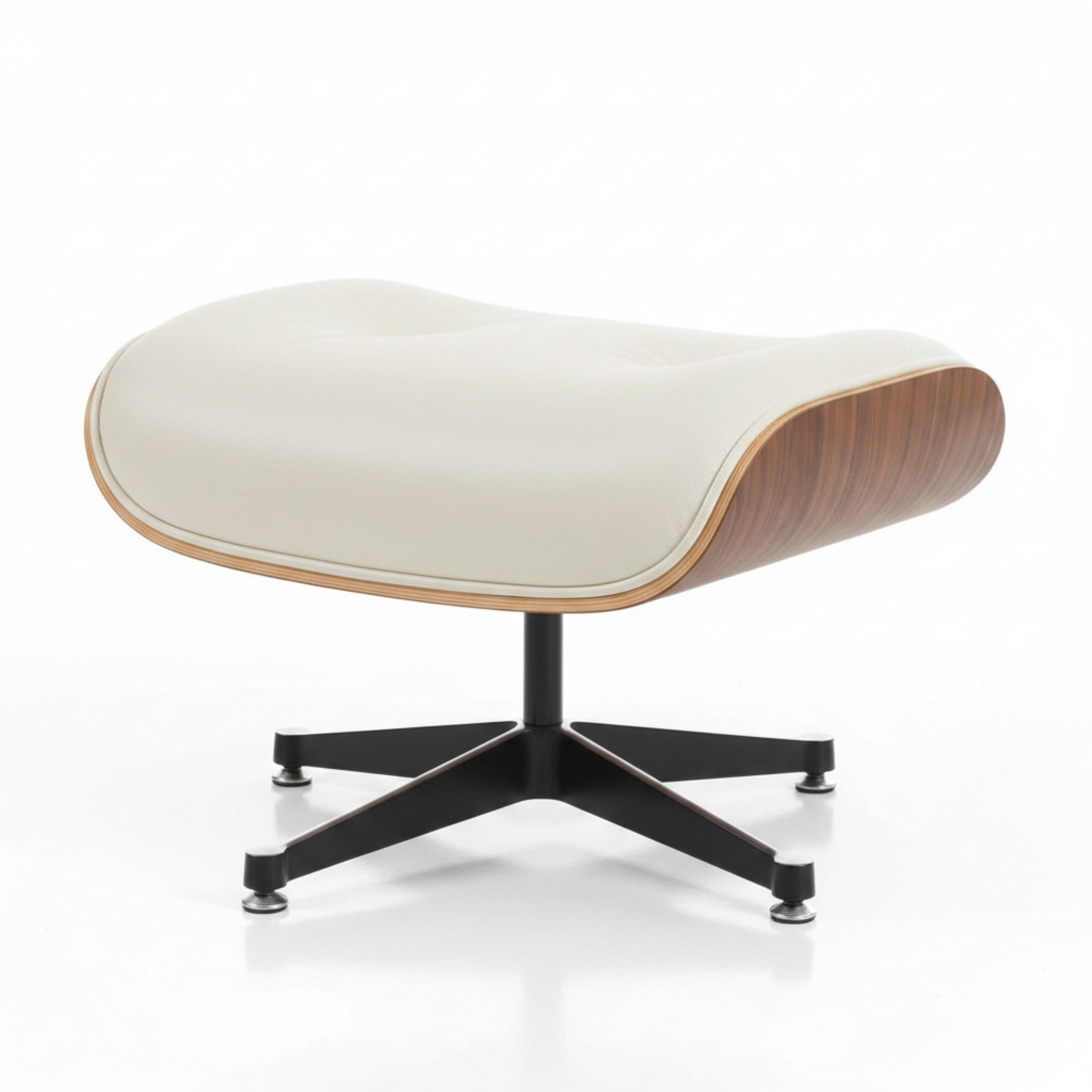 Modern ottoman with white cushion and wooden edges on a white background