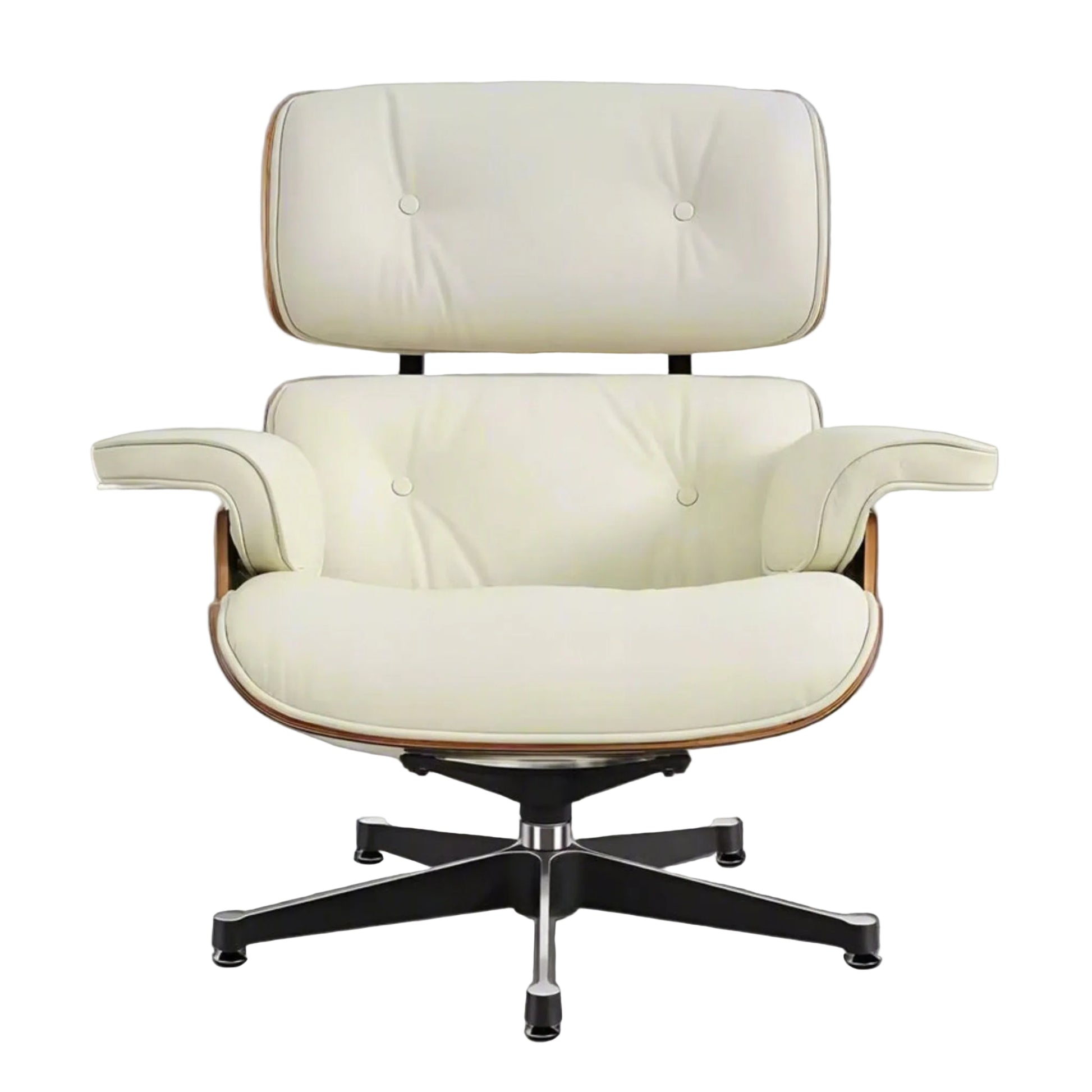 White lounge chair with a wooden base on a white background