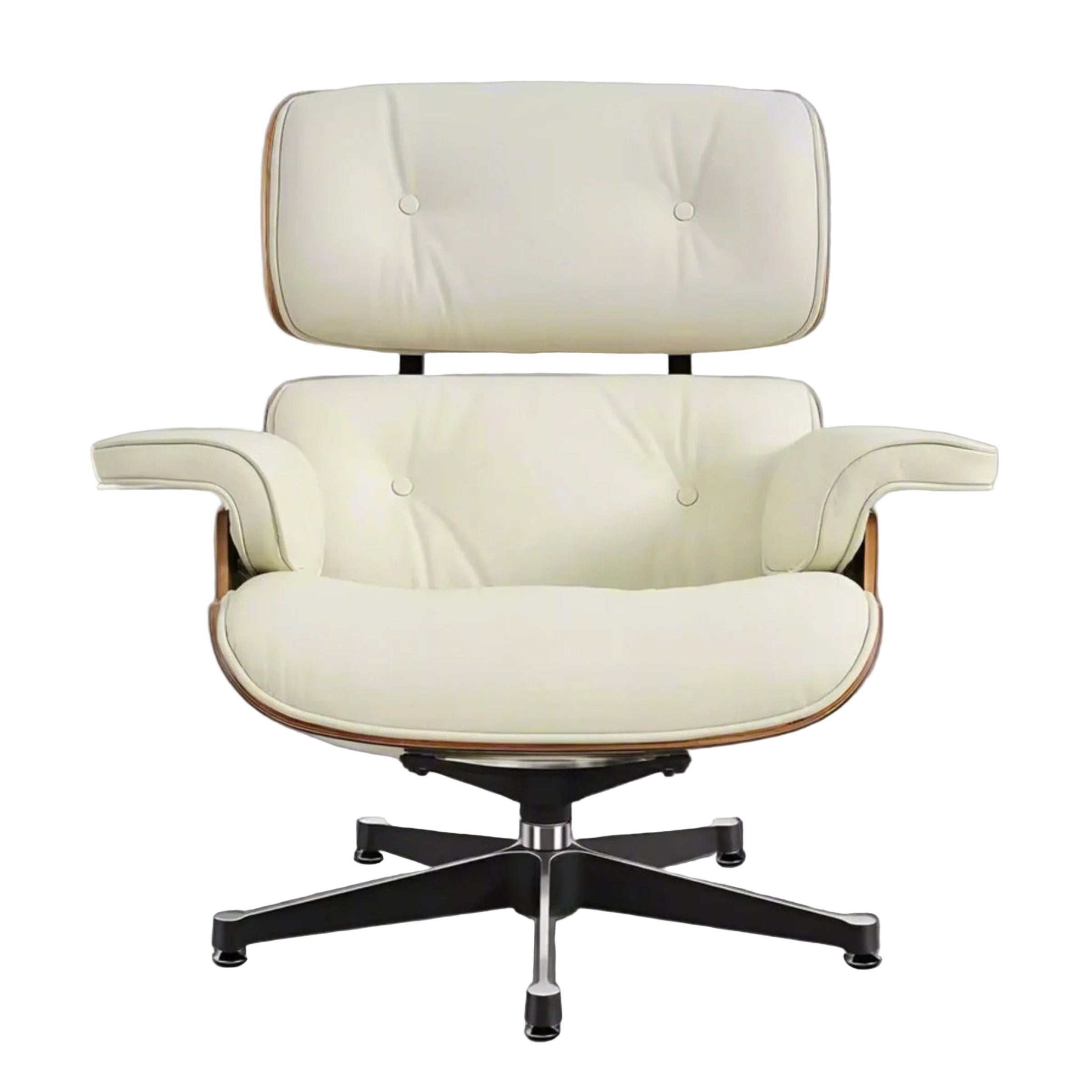 White lounge chair with a wooden base on a white background