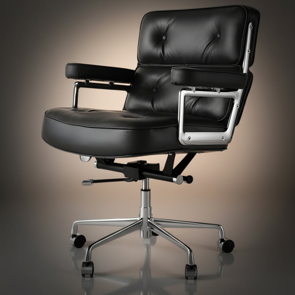 A modern black executive-lobby-office-chair-es104-black with tufted backrest and armrests, featuring a chrome five-star base 