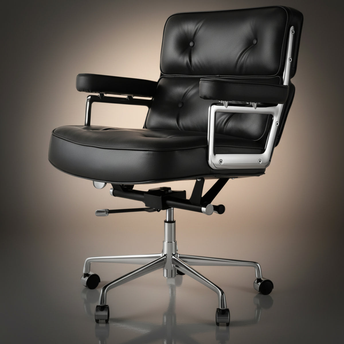 A modern black executive-lobby-office-chair-es104-black with tufted backrest and armrests, featuring a chrome five-star base 