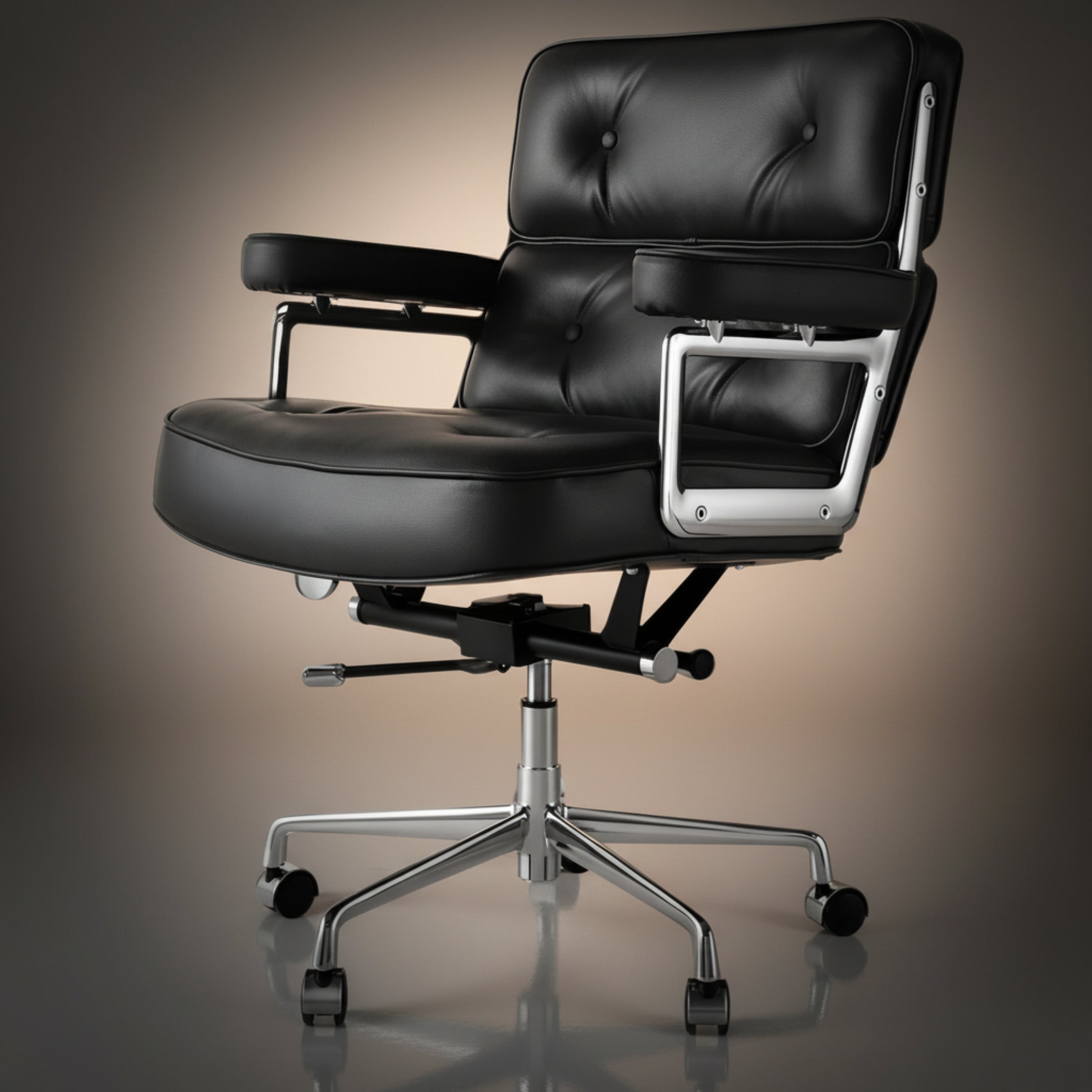 A modern black executive-lobby-office-chair-es104-black with tufted backrest and armrests, featuring a chrome five-star base 