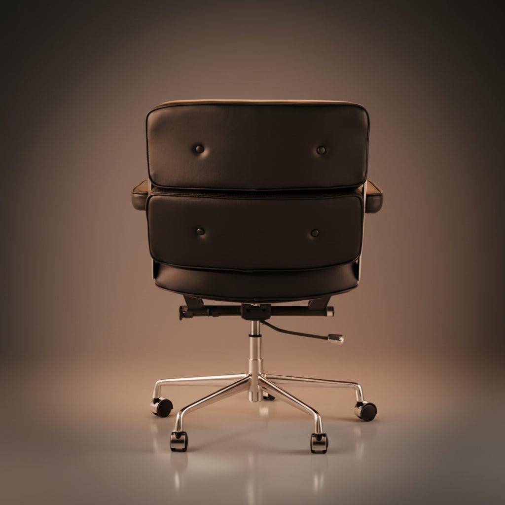 A executive-lobby-office-chair-es104-black with a stacked two-seat cushion, tufted button details, and a chrome five-star wheeled base