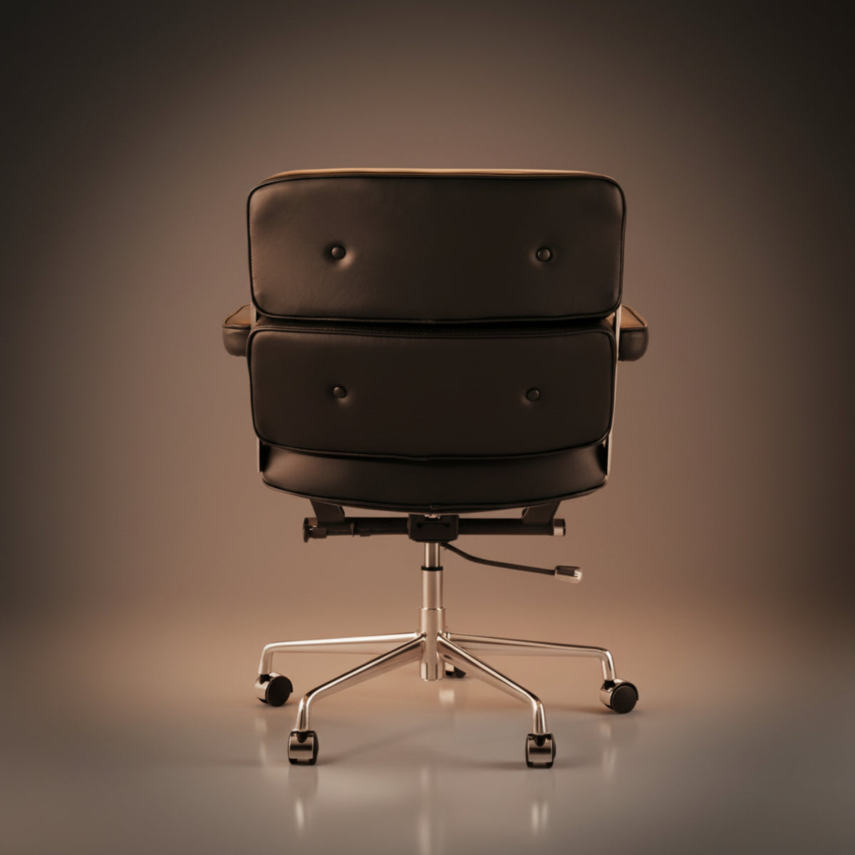 A executive-lobby-office-chair-es104-black with a stacked two-seat cushion, tufted button details, and a chrome five-star wheeled base