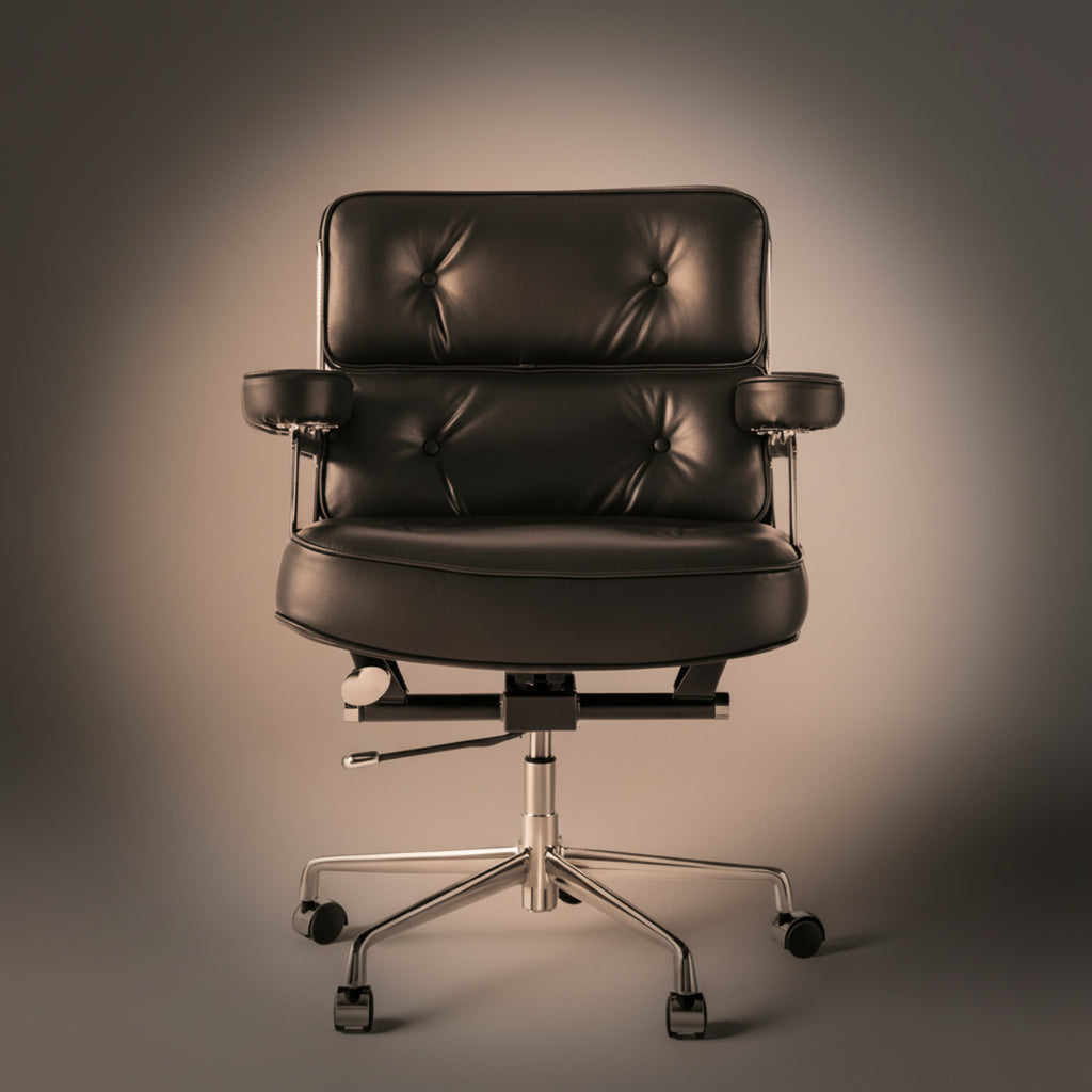 A executive-lobby-office-chair-es104-black with a tufted backrest, padded armrests, and a chrome five-star wheeled base