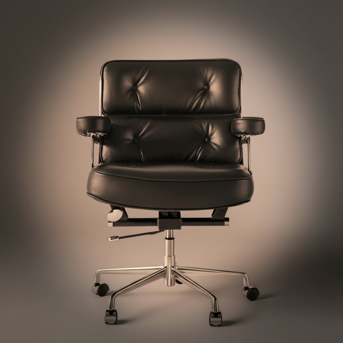 A executive-lobby-office-chair-es104-black with a tufted backrest, padded armrests, and a chrome five-star wheeled base