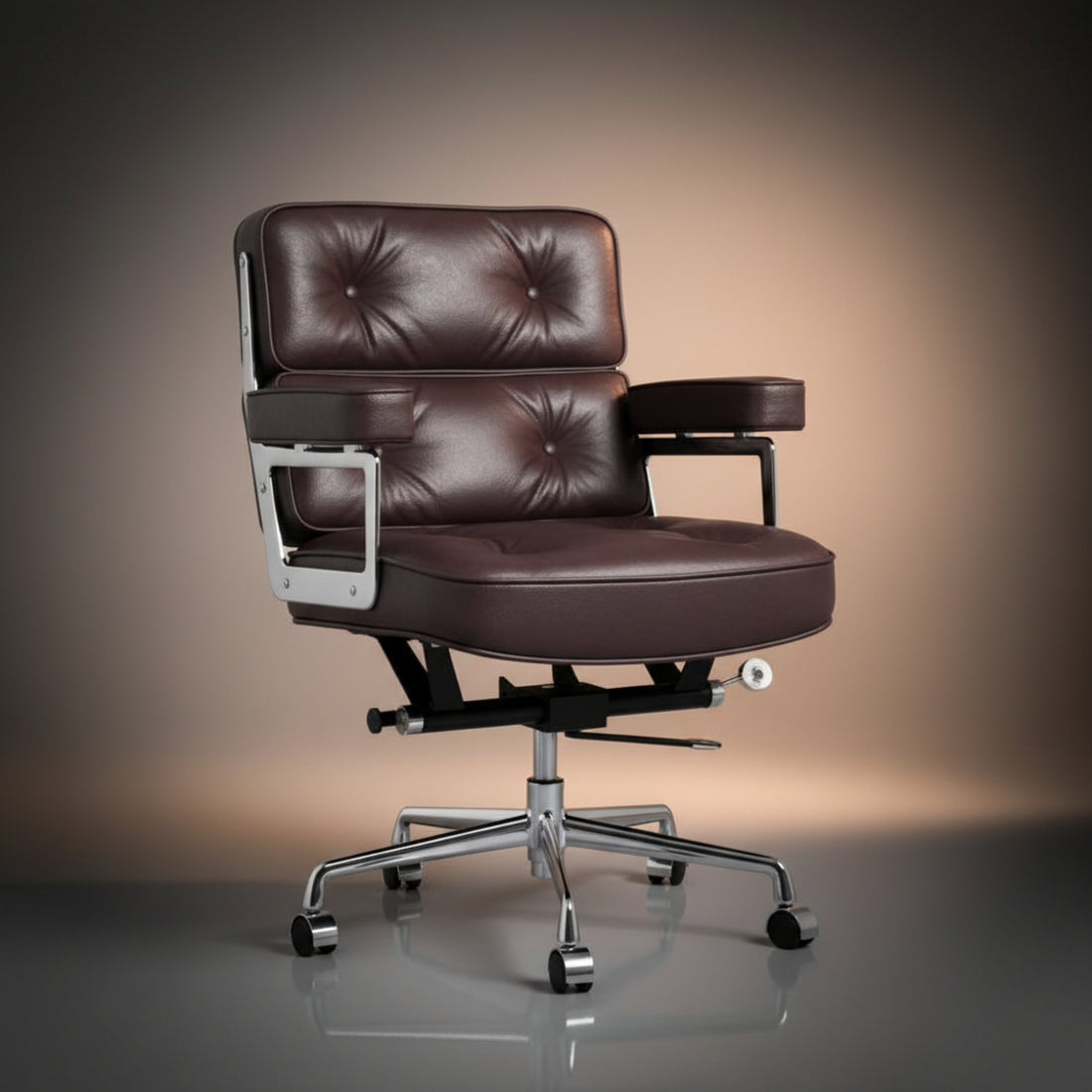 A modern office chair with dark brown tufted leather upholstery and a chrome five-star base ES104