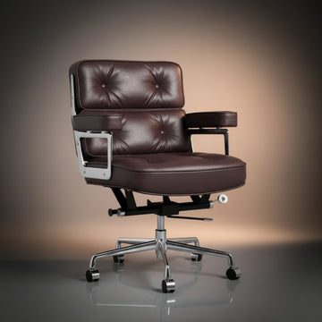A modern office chair with dark brown tufted leather upholstery and a chrome five-star base ES104