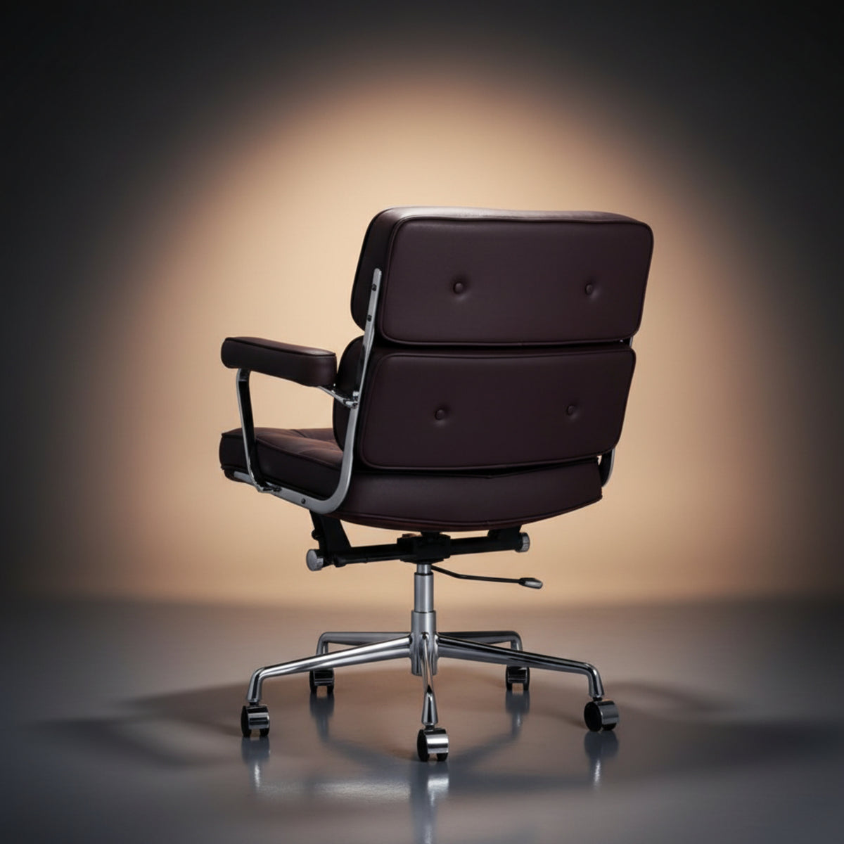 A modern executive-lobby-office-chair-es104-brown leather upholstery and a polished chrome five-star base
