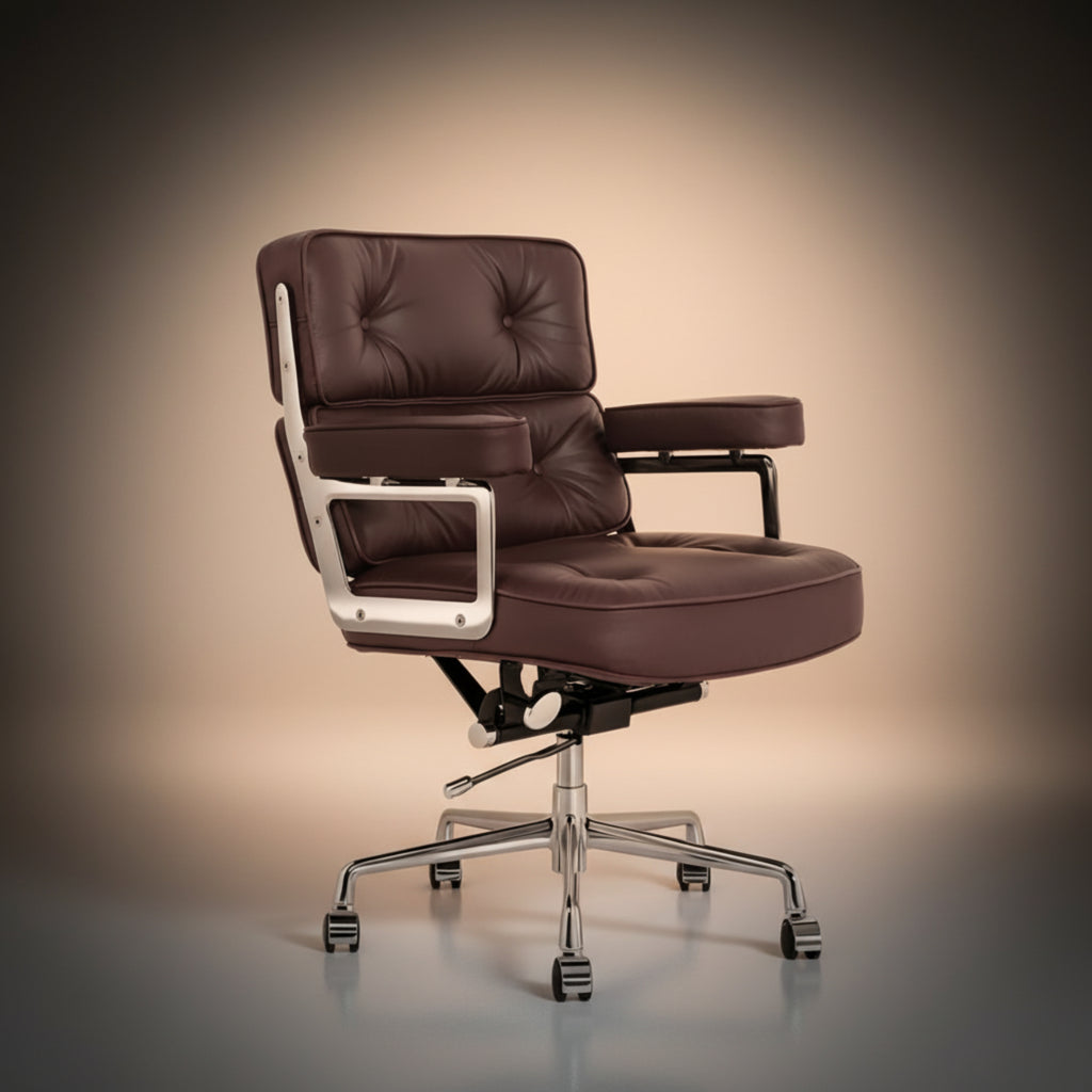 A modern executive-lobby-office-chair-es104-brown with a tufted dark brown leather seat and backrest, 
