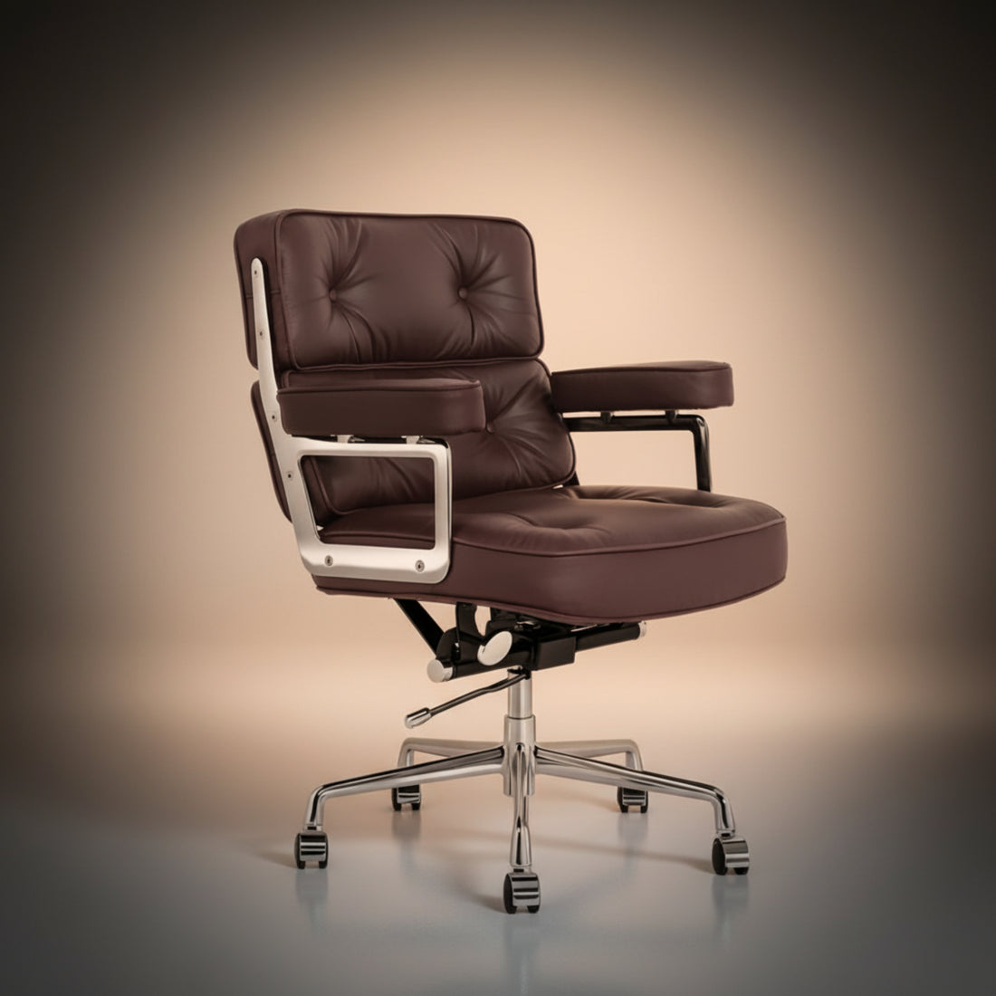 A modern office chair with dark brown tufted leather upholstery and a chrome five-star base ES104