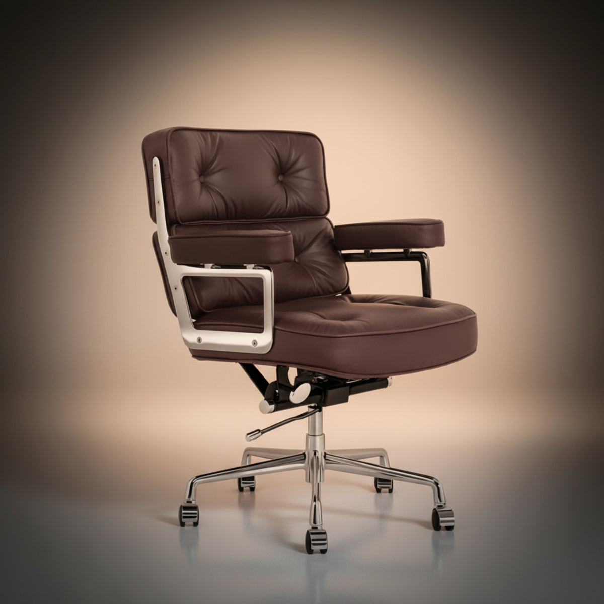 A modern executive-lobby-office-chair-es104-brown with a tufted dark brown leather seat and backrest, 