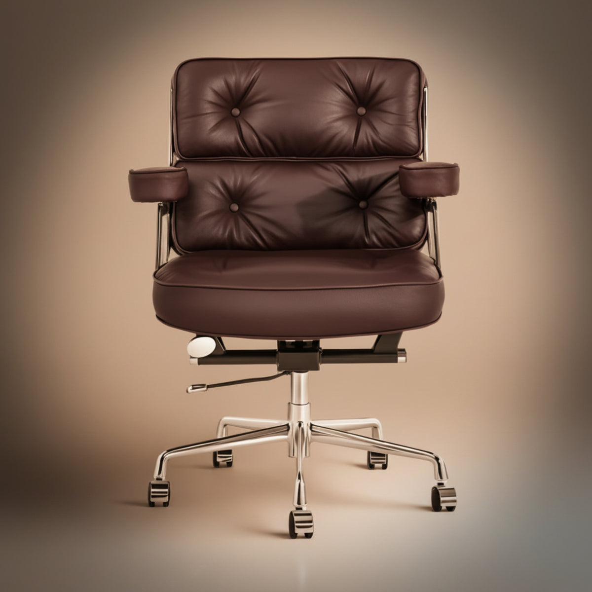 A dark brown tufted leather executive-lobby-office-chair-es104-brown with a chrome five-star base 