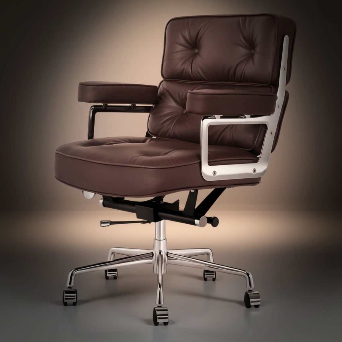 A modern office chair with deep tufted brown leather upholstery, a chrome five-star base
