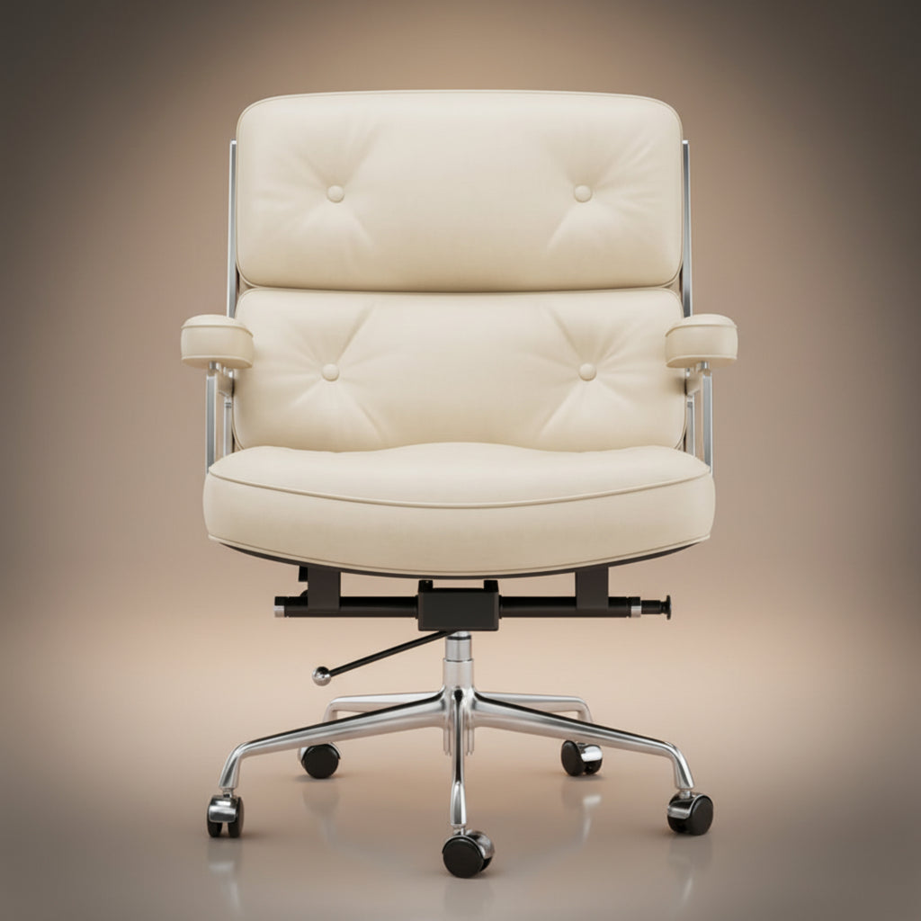 A modern executive-lobby-office-chair-es104-ivory-white with cream-colored tufted leather upholstery and a chrome five-star base 