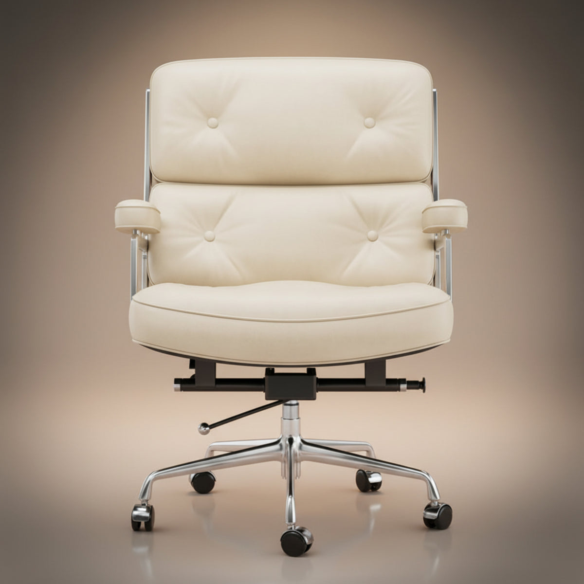 A modern executive-lobby-office-chair-es104-ivory-white with cream-colored tufted leather upholstery and a chrome five-star base 