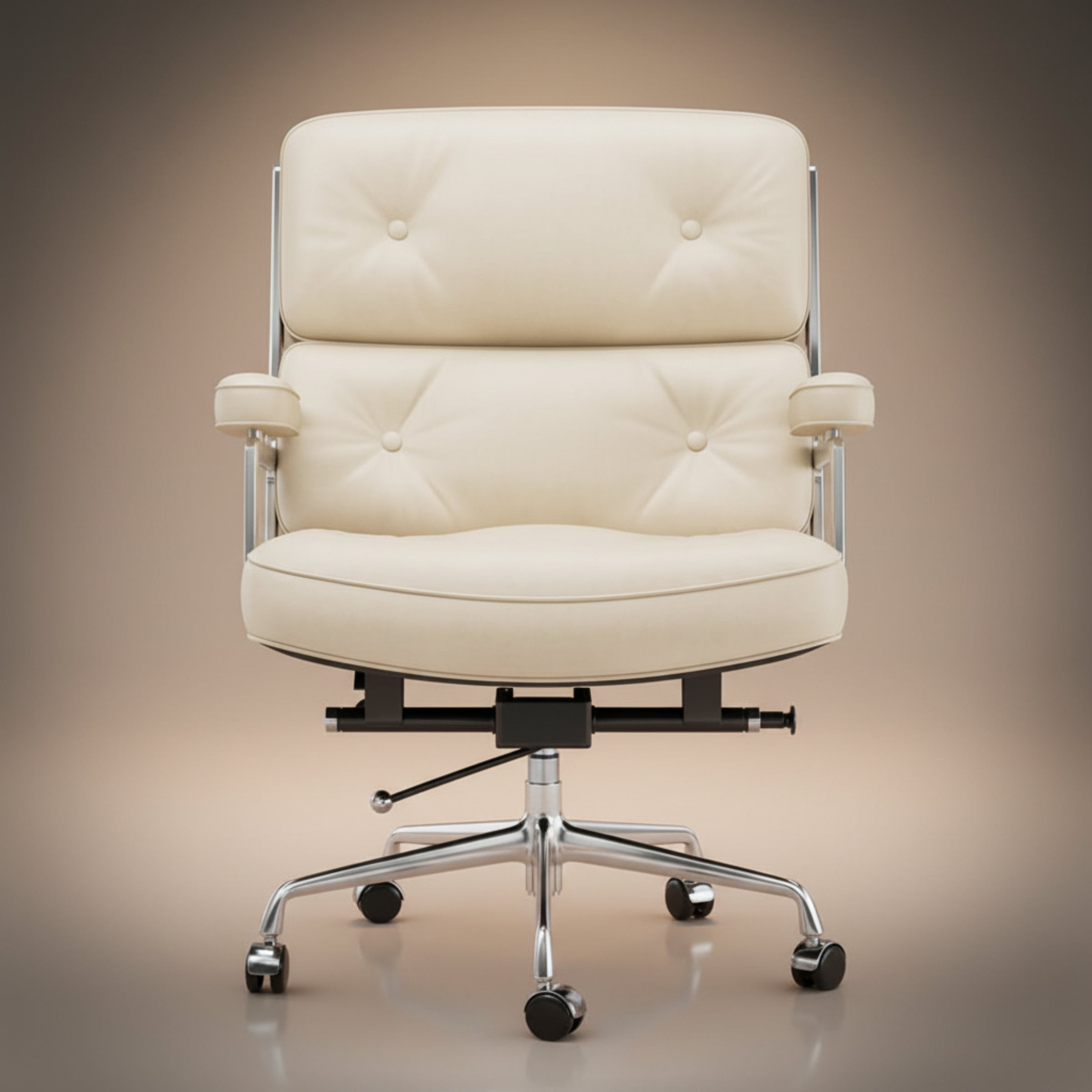 A modern executive-lobby-office-chair-es104-ivory-white with cream-colored tufted leather upholstery and a chrome five-star base 