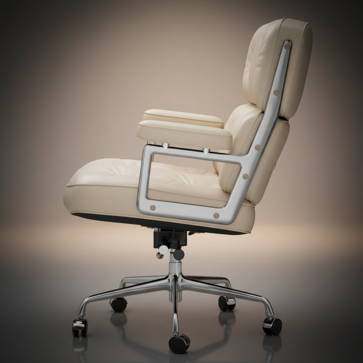 A modern high-back executive-lobby-office-chair-es104-ivory-white with cream-colored leather upholstery and a silver metal frame