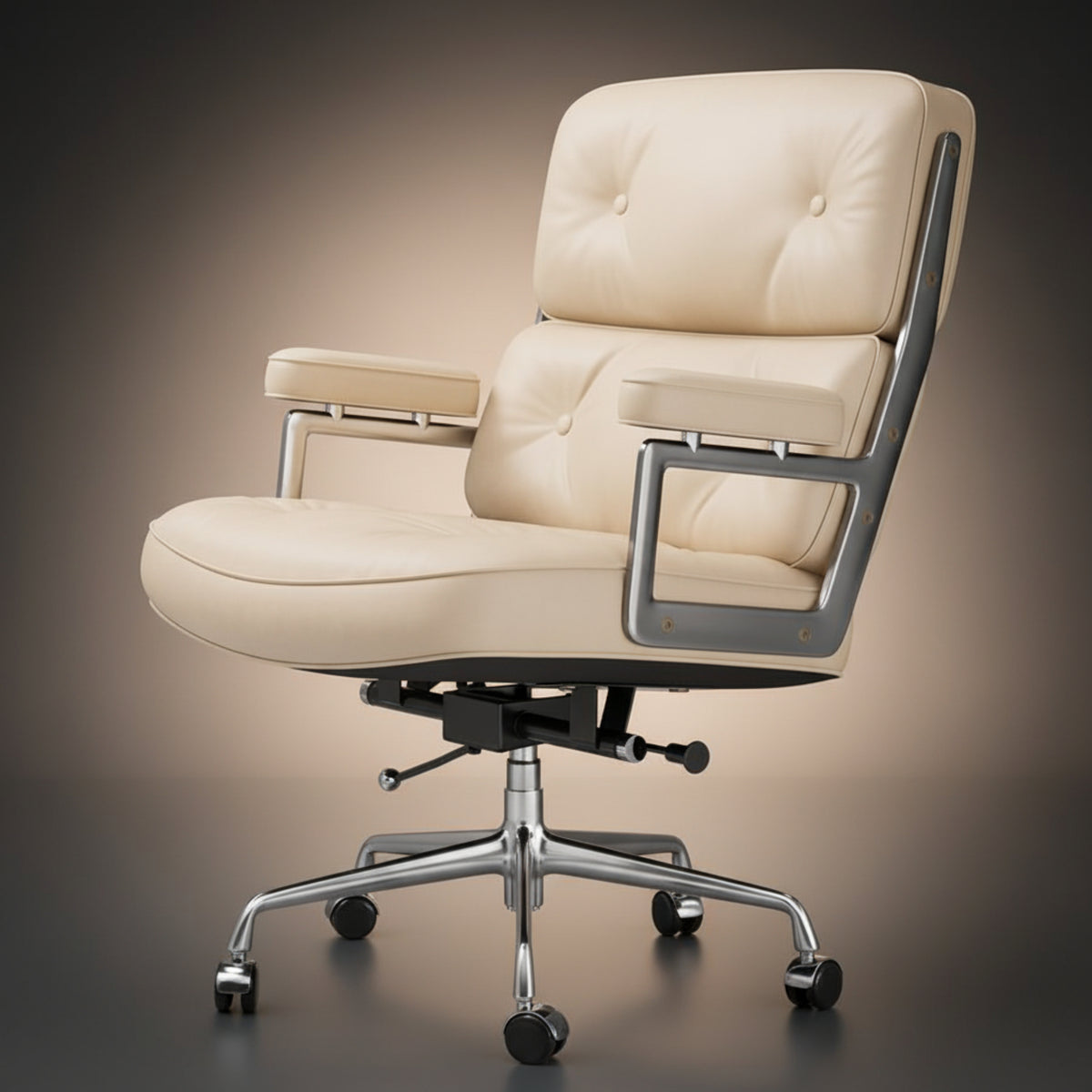 A modern office chair with cream tufted leather upholstery and a chrome five-star base with casters, shown es104 