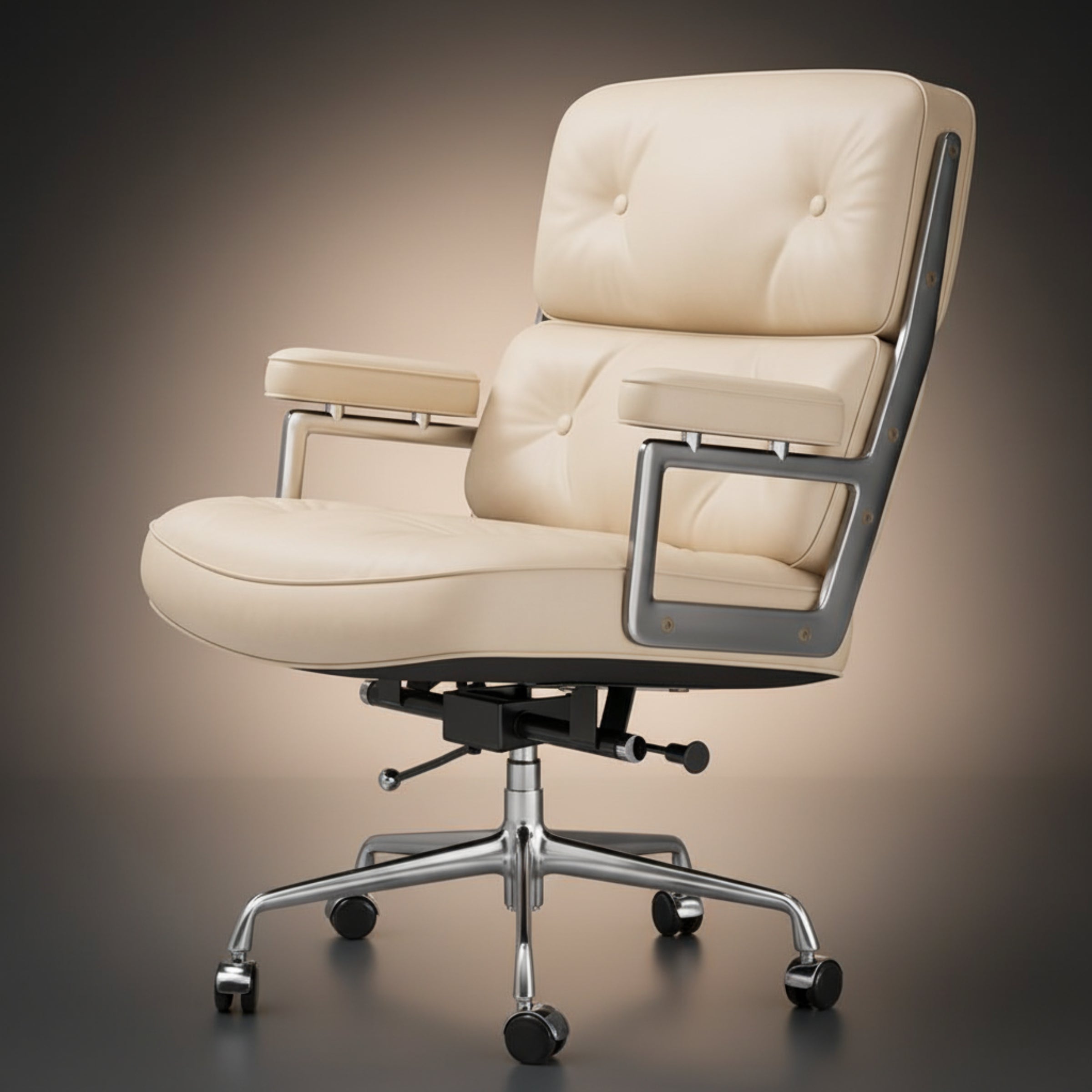 A modern office chair with cream tufted leather upholstery and a chrome five-star base with casters, shown es104 
