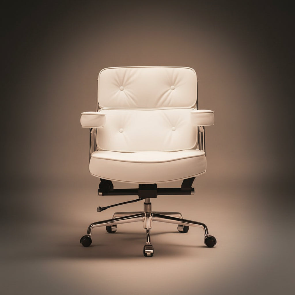 A modern white executive-lobby-office-chair-es104-white with tufted backrest and seat, chrome armrests