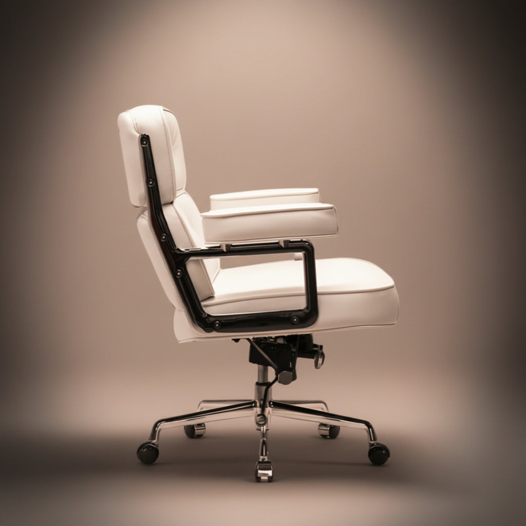 A modern white executive-lobby-office-chair-es104-white with a black metal frame and chrome rolling base