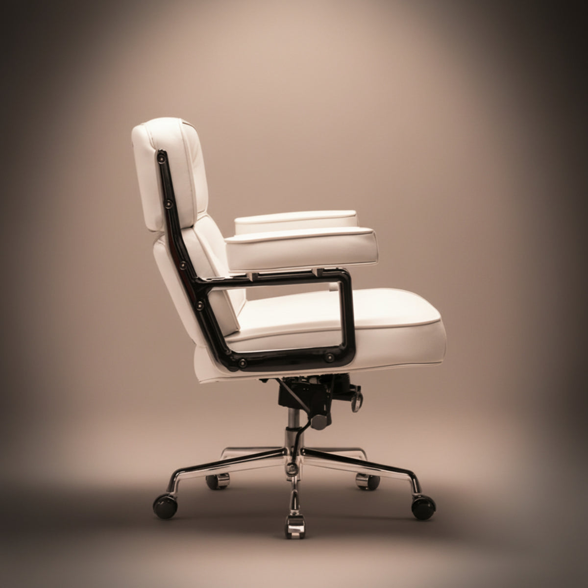 A modern white executive-lobby-office-chair-es104-white with a black metal frame and chrome rolling base