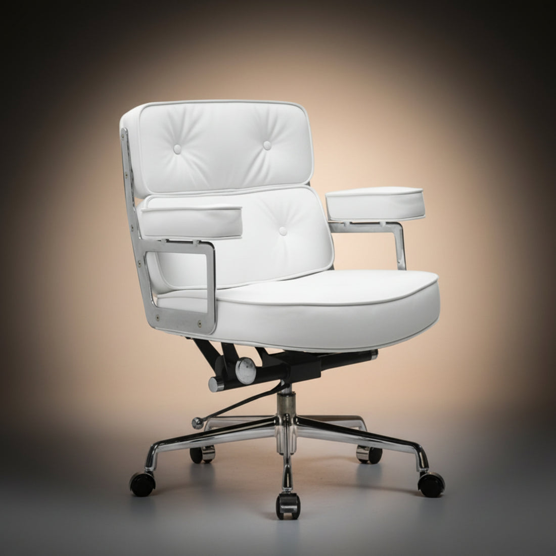 A modern white upholstered executive-lobby-office-chair-es104-white with tufted back and seat cushions, chrome metal arm supports
