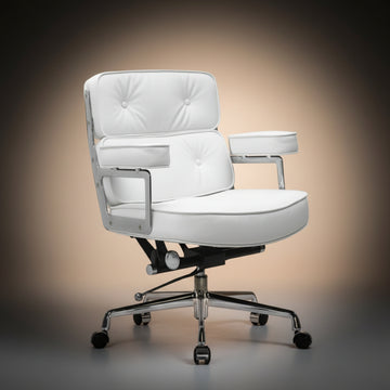 A modern white upholstered executive-lobby-office-chair-es104-white with tufted back and seat cushions, chrome metal arm supports