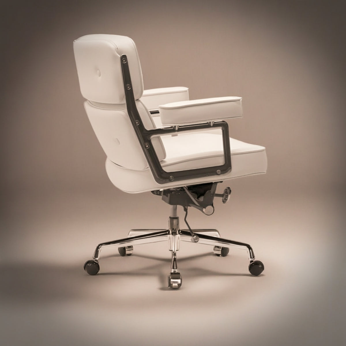 A modern white upholstered office chair with a high back, padded armrests, and a black metal support frame ES104